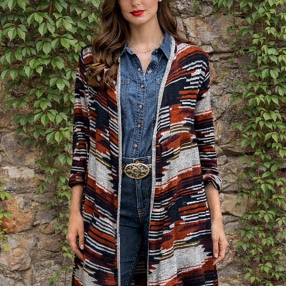 LUCKY BRAND Aztec Print Southwestern Style Waterfall Open Cardigan, S
